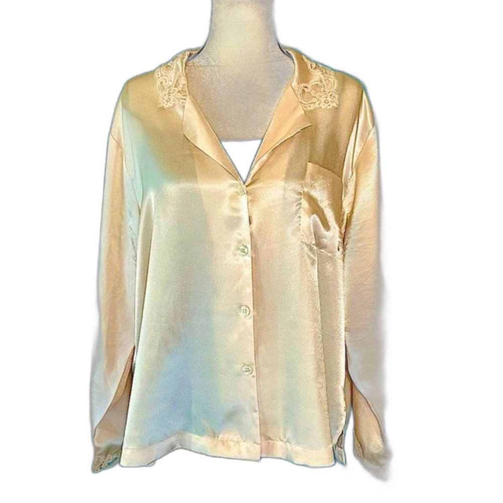 Vintage Oscar de la Renta Pink Label Satin Lace Pajama Top XL